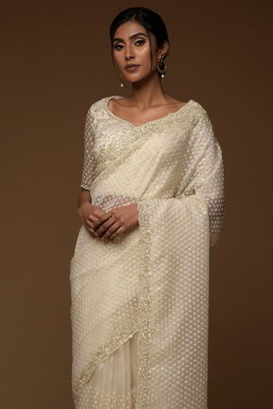 Серебристое, белое и цвета айвори индийское сари из органзы, украшенное вышивкой