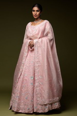 Розовый индийский женский свадебный костюм лехенга (ленга) чоли из органзы и шёлка, украшенный вышивкой