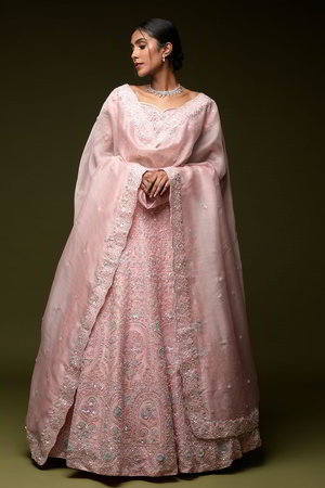 Розовый индийский женский свадебный костюм лехенга (ленга) чоли из органзы и шёлка, украшенный вышивкой