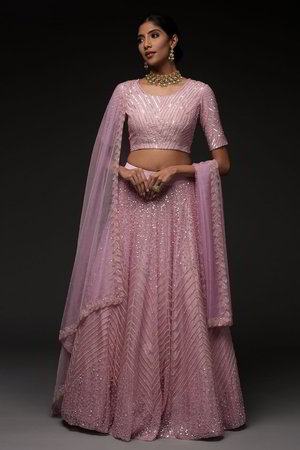 Розовый индийский женский свадебный костюм лехенга (ленга) чоли из органзы и шёлка с рукавами ниже локтя, украшенный вышивкой