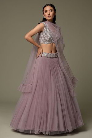 Фиолетовый и сиреневый индийский женский свадебный костюм лехенга (ленга) чоли из фатина без рукавов, украшенный вышивкой