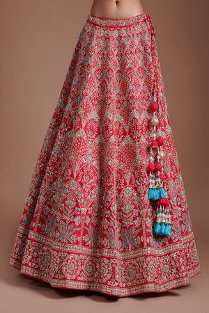 Красный индийский женский свадебный костюм лехенга (ленга) чоли из натурального шёлка, украшенный вышивкой люрексом с пайетками, перламутровыми бусинками