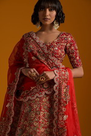 Красный индийский женский свадебный костюм лехенга (ленга) чоли из натурального хлопка с шёлком, украшенный вышивкой