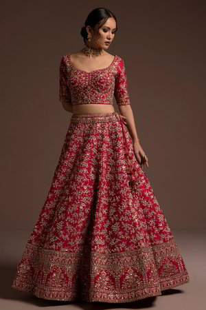 Розовый индийский женский свадебный костюм лехенга (ленга) чоли из шёлка-сырца, крепа и шёлка с рукавами ниже локтя, украшенный вышивкой