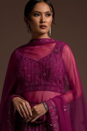 Пурпурный и фиолетовый индийский женский свадебный костюм лехенга (ленга) чоли из крепа и фатина без рукавов, украшенный вышивкой