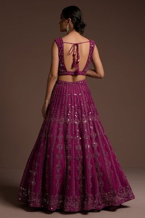 Пурпурный и фиолетовый индийский женский свадебный костюм лехенга (ленга) чоли из крепа и фатина без рукавов, украшенный вышивкой