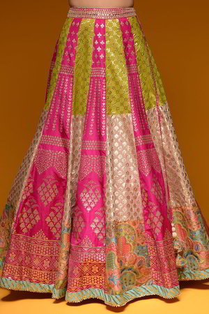 Розовый индийский женский свадебный костюм лехенга (ленга) чоли из натурального шёлка с рукавами ниже локтя