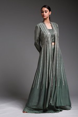 Зелёный индийский женский свадебный костюм лехенга (ленга) чоли из крепа без рукавов, украшенный вышивкой