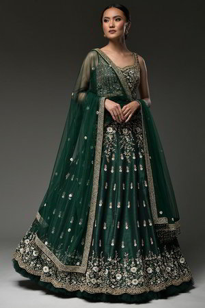 Зелёный индийский женский свадебный костюм лехенга (ленга) чоли из натурального шёлка без рукавов, украшенный вышивкой