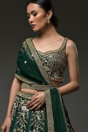 Зелёный индийский женский свадебный костюм лехенга (ленга) чоли из натурального шёлка без рукавов, украшенный вышивкой