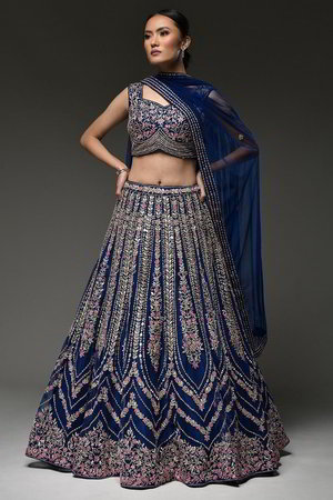 Тёмно-синий и синий индийский женский свадебный костюм лехенга (ленга) чоли из фатина без рукавов, украшенный вышивкой