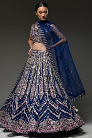 Тёмно-синий и синий индийский женский свадебный костюм лехенга (ленга) чоли из фатина без рукавов, украшенный вышивкой