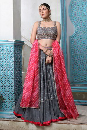 Серый индийский женский свадебный костюм лехенга (ленга) чоли из натурального шёлка, украшенный вышивкой