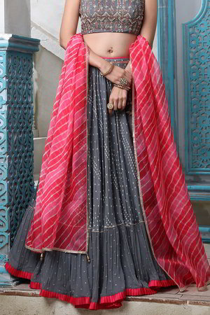 Серый индийский женский свадебный костюм лехенга (ленга) чоли из натурального шёлка, украшенный вышивкой
