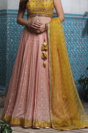 Горчичный, жёлтый и розовый индийский женский свадебный костюм лехенга (ленга) чоли из креп-жоржета и шёлка без рукавов, украшенный вышивкой